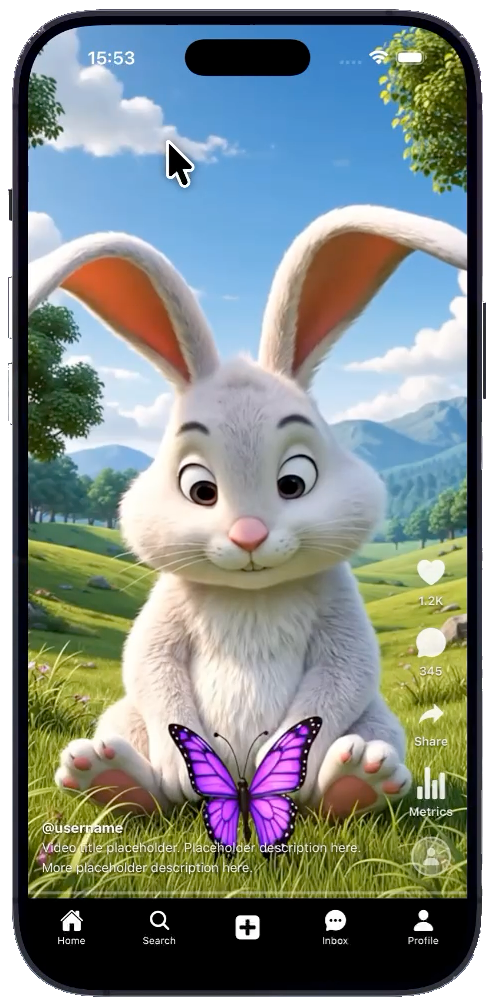 React Native Video Feed phone UI showing TikTok-style vertical video feed